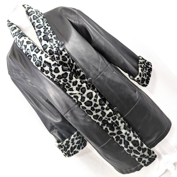 NWOT! ATLANTIC BEACH! LUXE VEGAN LEATHER, BLACK/GRAY LEOPARD FAUX FUR COAT! SZ L - Picture 9 of 9